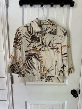 St. John Collection Cream Jacket with Brown Leaf Print & Gold Chain Detail-see